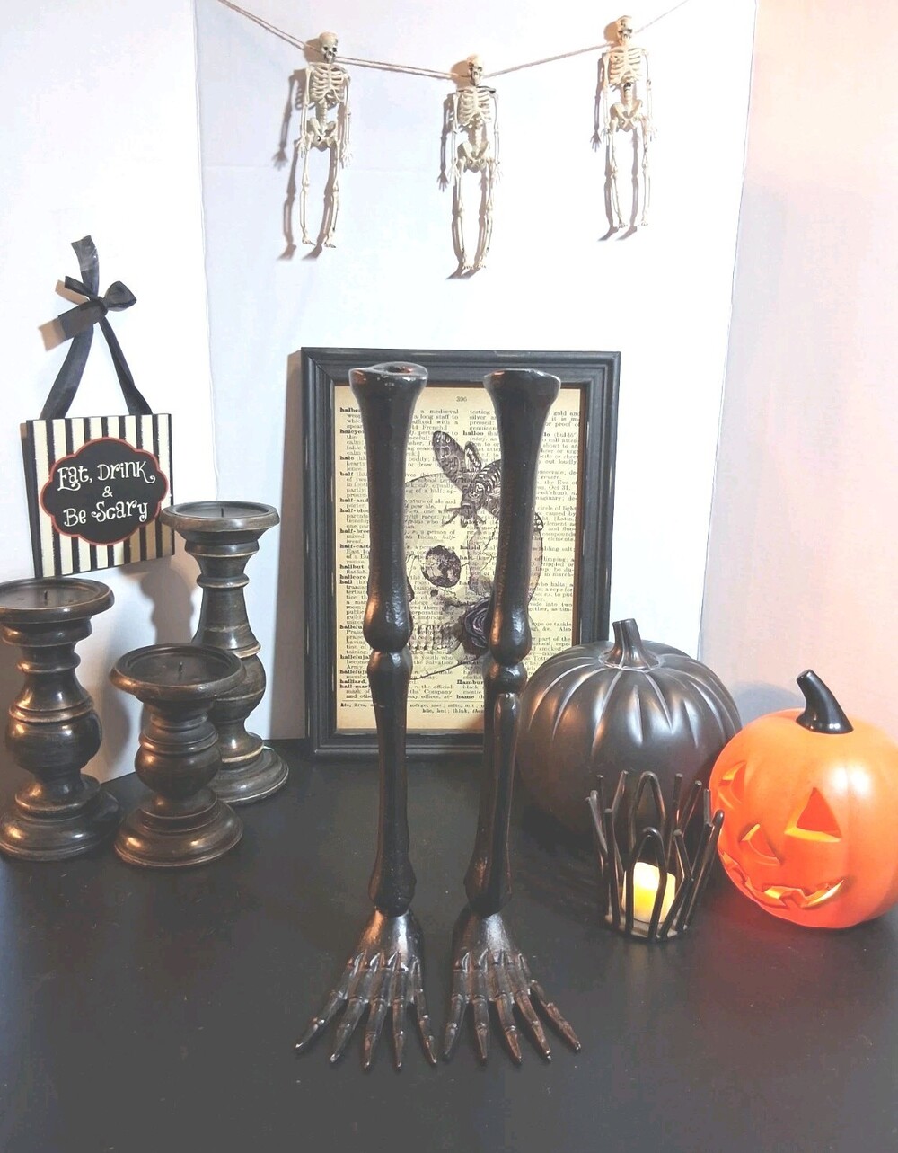Heavy Cast Iron Skeleton "Bone" Taper Candle Holders 2 PC Halloween Decor Gothic